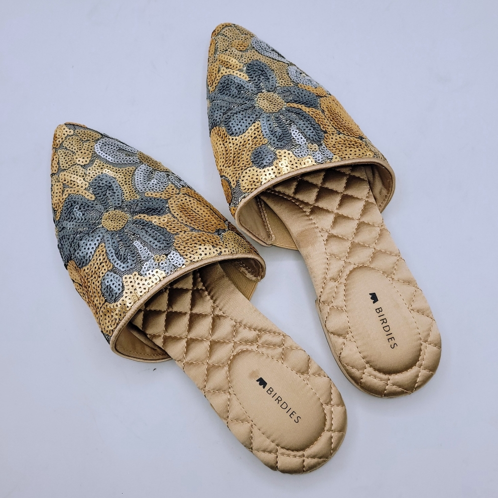 Birdies The Dove In Petal Gold and Silver Sequin Pointed Toe Mules Size 7.5 - Picture 8 of 16